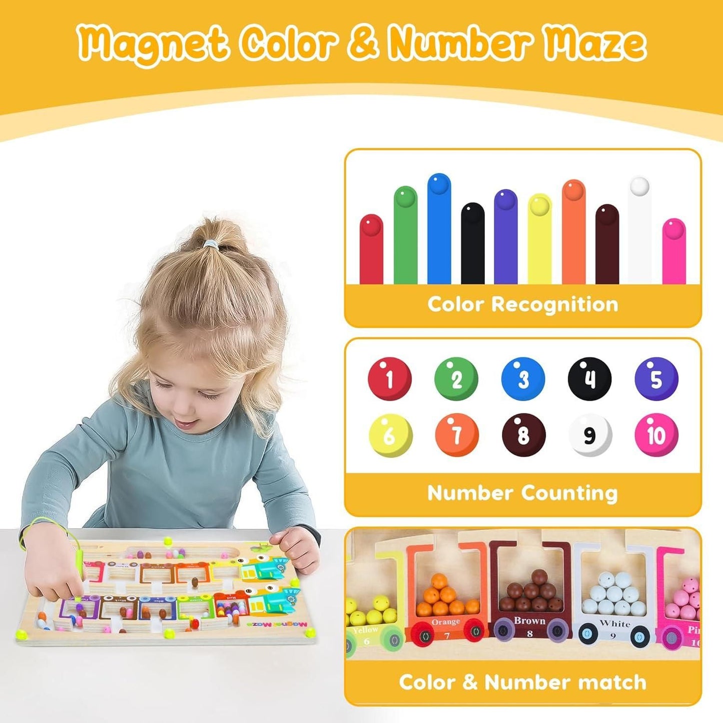 Magnetic Color & Number Maze – Montessori Wooden Puzzle Game Board