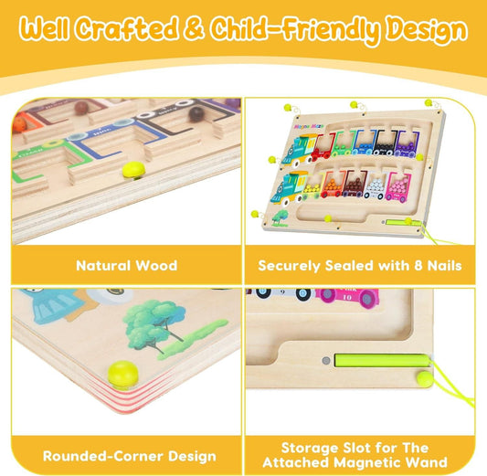 Magnetic Color & Number Maze – Montessori Wooden Puzzle Game Board